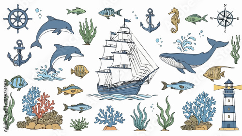 Nautical Marine Life and Sailing Ship Collection.