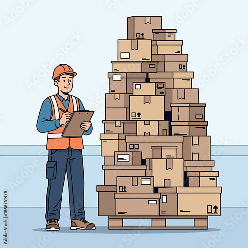 Warehouse worker inspecting a large stack of cardboard boxes on pallets in a storage facility