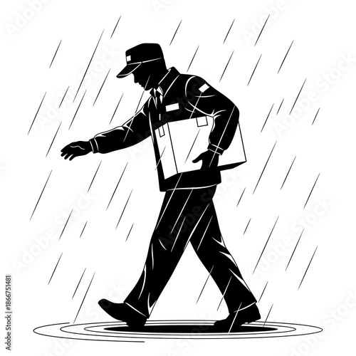 A mailman walking in the rain with a mailbag on his shoulder and a package in his hand