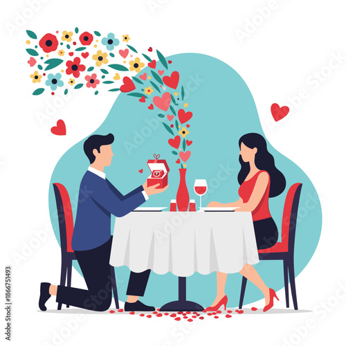 Man kneeling and proposing to a woman during a romantic dinner with flowers and hearts magically flowing from a table vase.
