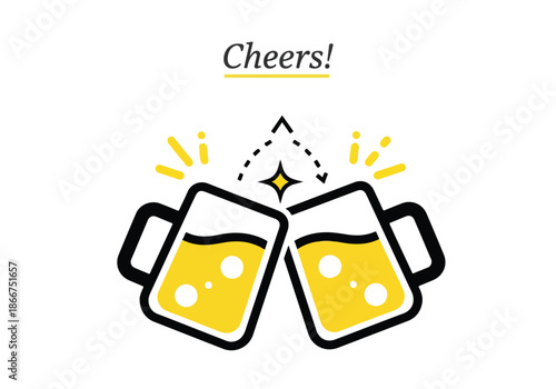 Celebratory beer toast - Lifestyle Illustration, Flat Line Art, Flat Style Illustration, Flat Line Illustration, Cartoon Line Illustration, Modern Outline Flat Illustration