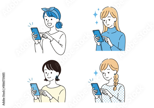 Four women engaged with smartphones - Lifestyle Illustration, Flat Line Art, Flat Style Illustration, Flat Line Illustration, Cartoon Line Illustration, Modern Outline Flat Illustration