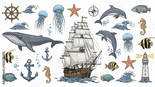 Nautical theme collection with sailing ship sea creatures and lighthouse.