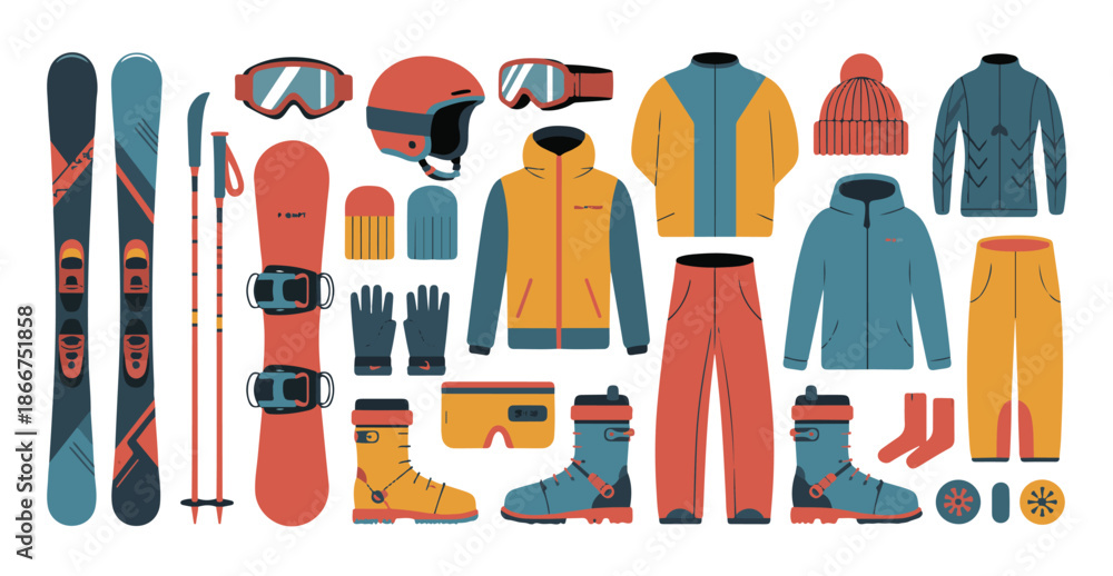 Φωτογραφία Collection of skiing and snowboarding gear winter sports equipment set flat vect