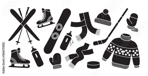 Monochrome black silhouette set of winter recreation and snow sports equipment icons vector illustration