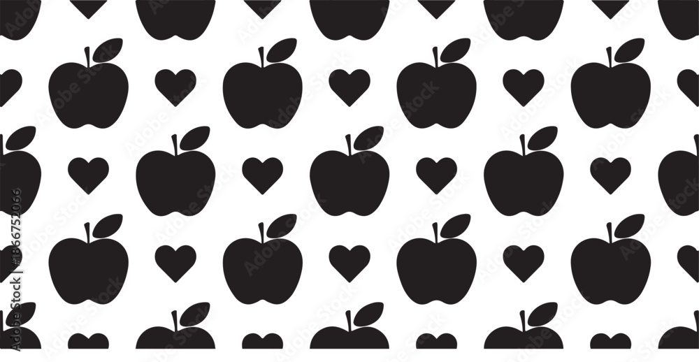 Fototapeta premium Seamless pattern background with black apple and heart fruit shapes repeating tile