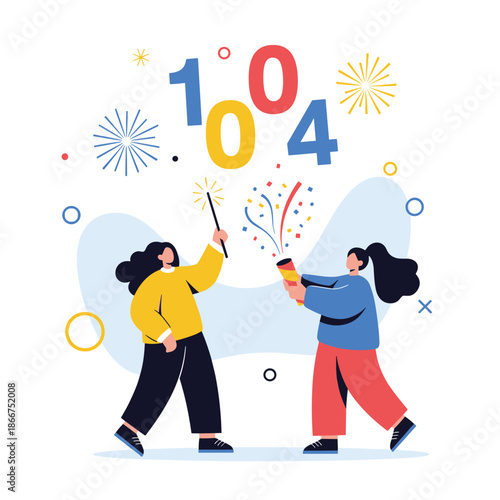 Two young women celebrate a special occasion with a confetti popper and sparkler under festive fireworks and numbers.