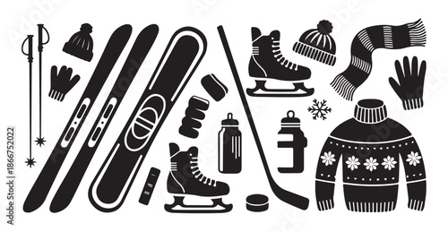 Black and white silhouette graphics of winter sports gear for skiing and skating