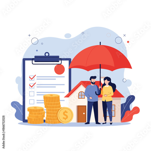 Couple stands safely in front of their new house under a giant red umbrella representing home insurance and property protection.