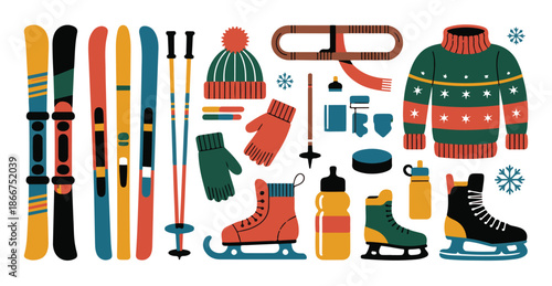 Colorful collection of ski and skate accessories with warm winter apparel items