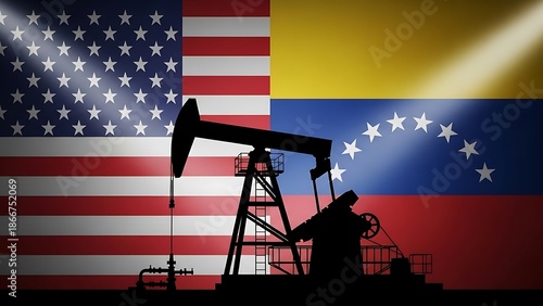US and Venezuela flags with oil pumpjack silhouette symbolizing energy relations