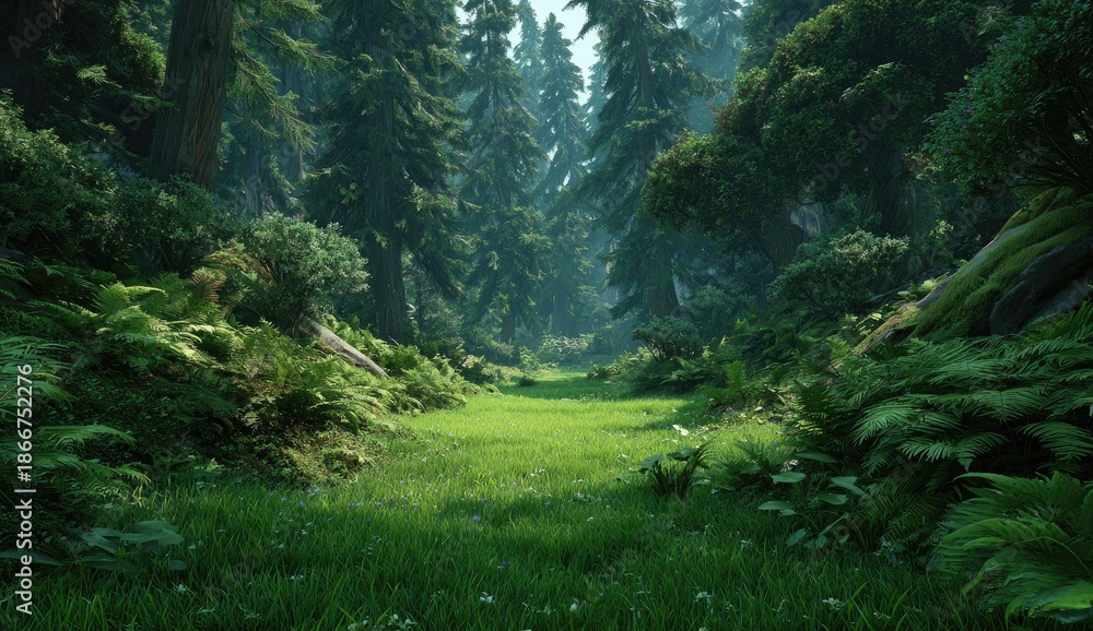 Obraz premium Lush, sunlit forest path winds through tall trees and vibrant greenery