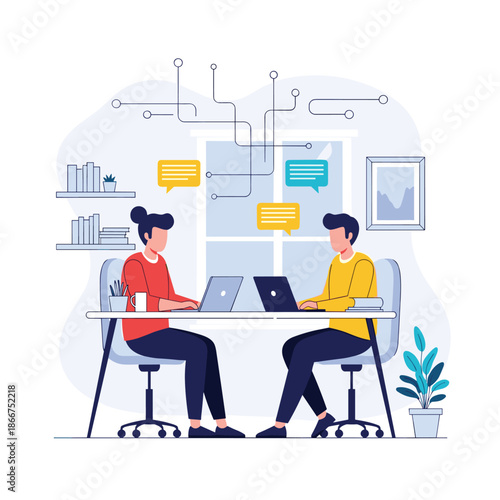 Coworkers collaborate on a project while working on laptops at a shared desk with digital communication bubbles around them.