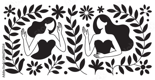 Elegant black and white line art of two women surrounded by leaves and floral ornaments art