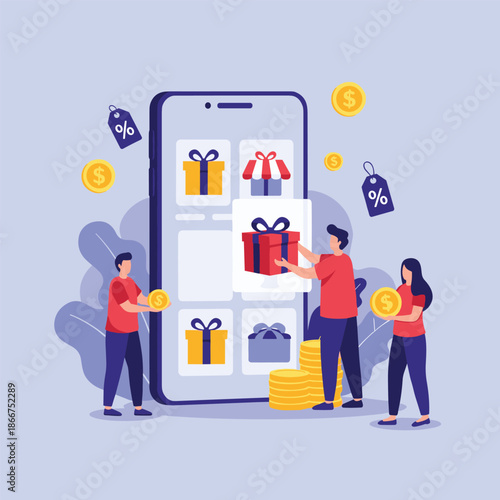 People browse for gifts and use coins to shop on a giant smartphone screen during a mobile e-commerce sale event.