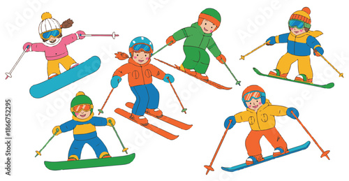 Collection of cute children characters skiing and snowboarding in colorful winter gear set