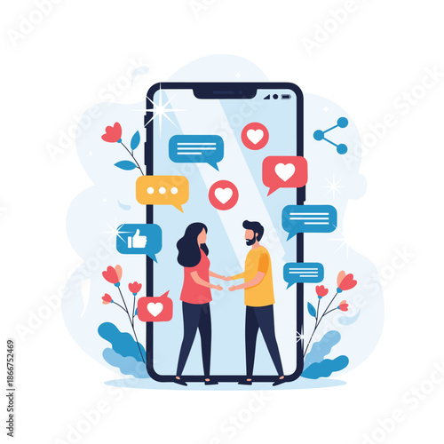 Romantic couple holds hands inside a giant smartphone screen surrounded by social media heart icons and like notifications.