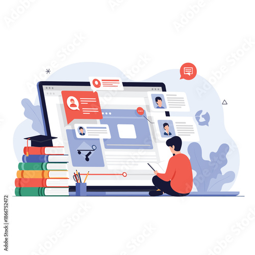 Student sits and reads a book in front of a giant computer monitor showing various online course modules and profiles.