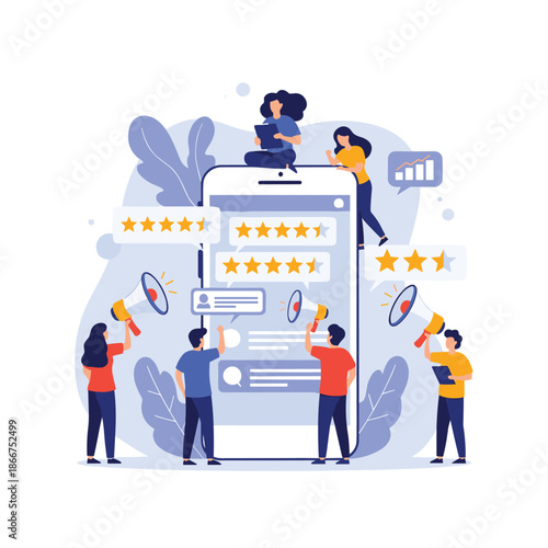 People provide positive feedback and high star ratings using megaphones around a large smartphone for online reputation.