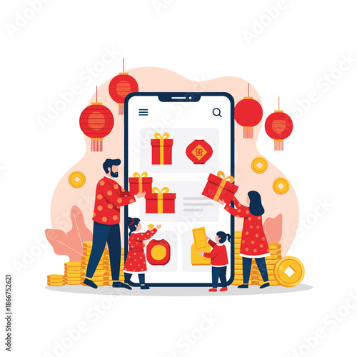 Happy family celebrating Lunar New Year and shopping online with a large smartphone showing gift boxes and traditional lanterns.