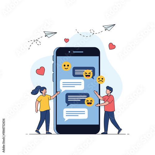 Young couple communicating through a large smartphone using chat bubbles and various emojis to express feelings and emotions.