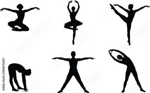 Collection of ballet dancer and fitness woman silhouettes performing graceful dance poses, gymnastic stretches, and yoga exercises on white background
