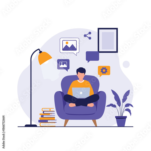 Freelancer working remotely on a laptop while sitting in a comfortable armchair at home with digital work icons around.