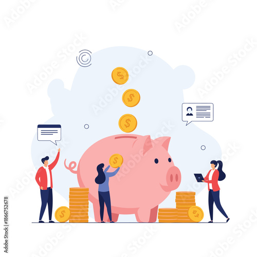 Financial planning concept showing people depositing gold coins into a large piggy bank to save money for the future.