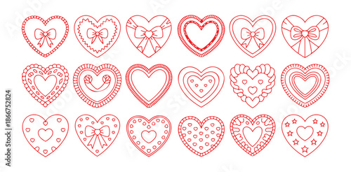 Decorative valentine heart shapes with bows ribbons and patterns red