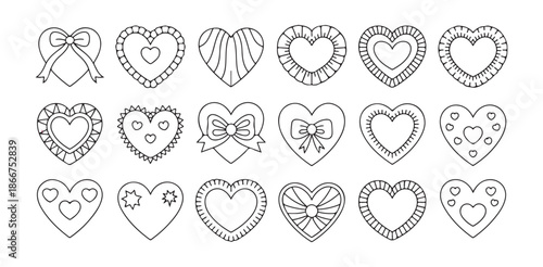 Outline valentine heart frames with bows ribbons and heart patterns