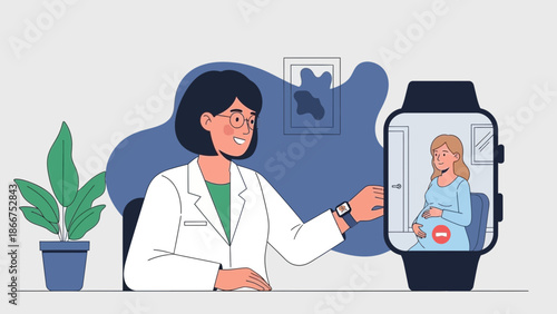 A doctor conducts a remote consultation with a patient through a smartwatch interface in a modern office setting