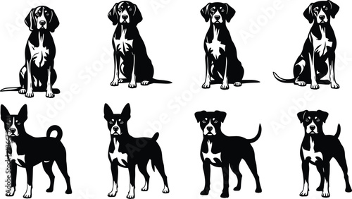 Collection of minimalist black and white dog silhouettes featuring various breeds like hound basenji and terrier in standing and sitting poses