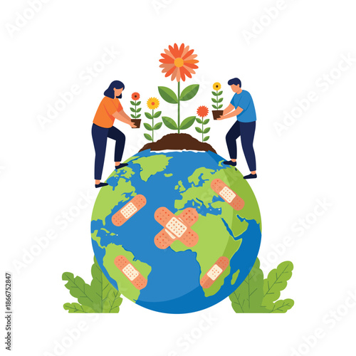 Global environmental healing concept with people planting vibrant flowers on a bandaged planet Earth to symbolize nature restoration.