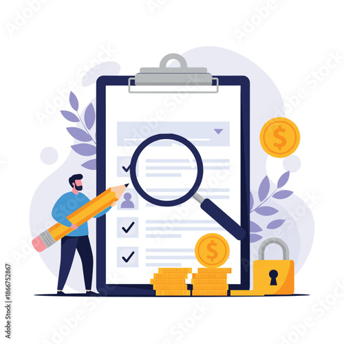 Data analysis and financial auditing concept with a man holding a large pencil while inspecting a document through a magnifying glass.