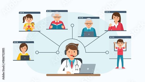 Doctor working remotely on laptop with medical team collaborating online