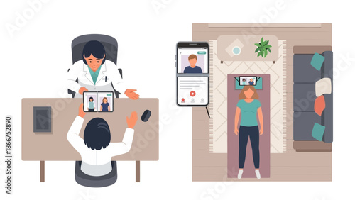 A doctor conducts a remote consultation with a patient at home through a video call on a mobile device.