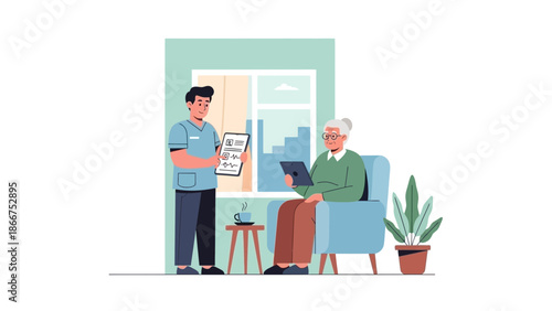 A man showing documents to an elderly person sitting in a chair beside a plant