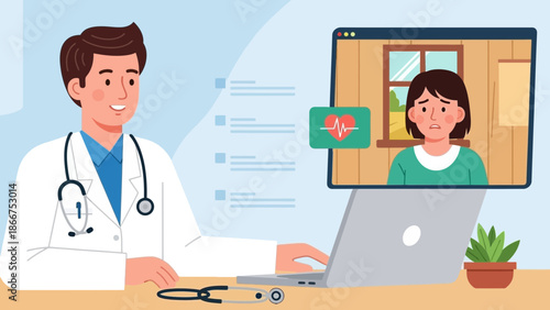 A doctor conducts a telemedicine consultation with a patient via a laptop in a modern office setting