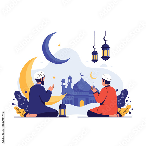 Peaceful scene of two Muslim men in prayer sitting on rugs in front of a beautiful mosque silhouette under a crescent moon.