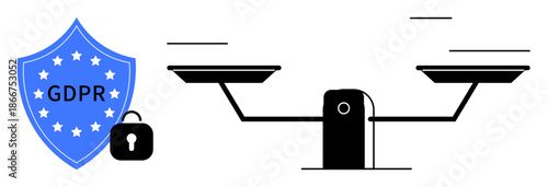 Data privacy, cybersecurity, legal compliance, information protection, GDPR policy, digital rights. Shield labeled GDPR with stars, padlock and balance scales. Data privacy and cybersecurity concept