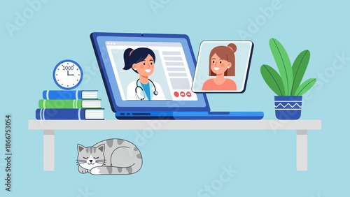 A doctor is consulting with a patient remotely on a laptop at a desk with a cat nearby