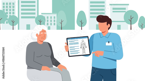 A healthcare professional showing medical information on a tablet to an elderly patient outdoors in a city environment