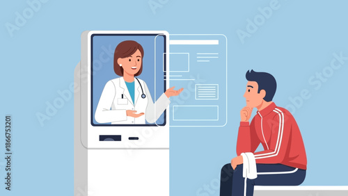 A man sitting on a bench interacts with a virtual doctor on a digital screen