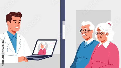 Doctor consulting with elderly couple via video call in a medical office
