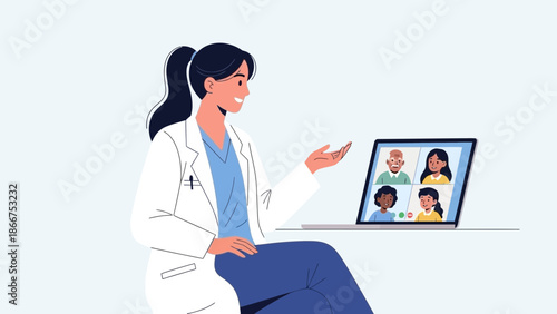 A healthcare professional conducts a video consultation with multiple patients on a laptop.