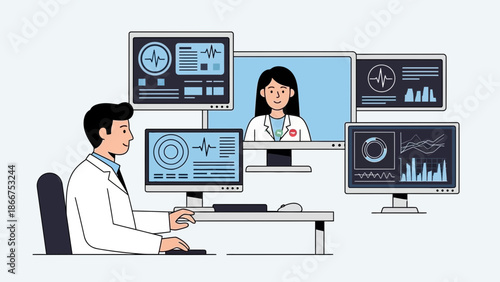 Medical professional analyzing data on multiple screens in a clinical setting