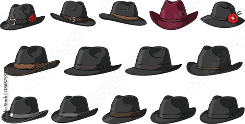 Collection of various black and maroon felt fedora hats with different bands buckles and red flower decorations isolated on white