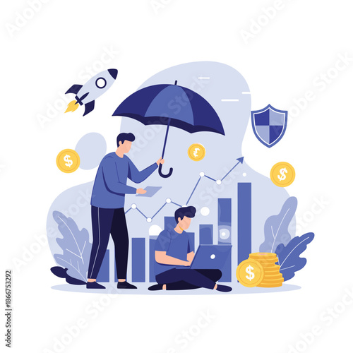 Financial protection and insurance concept showing a man holding an umbrella to shield a rising profit graph from various risks.