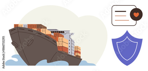 Maritime shipping, data security, logistics, trust, global trade, import-export. Cargo ship with shipping containers, shield symbol heart message icon. Maritime shipping and data security concept