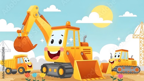 Smiling cartoon construction vehicles at work.
